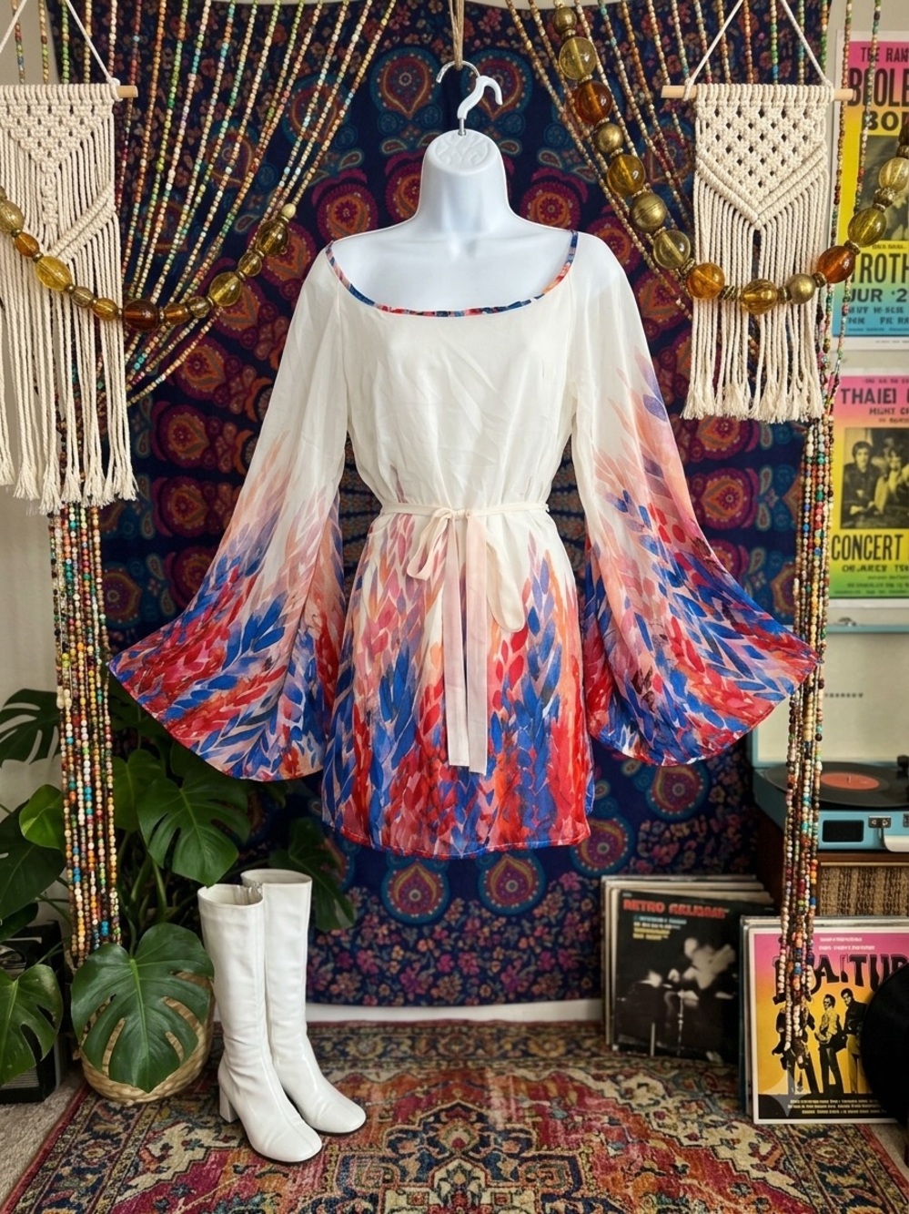 Vintage Arden B Watercolor Bell Sleeve Mini Dress size XS